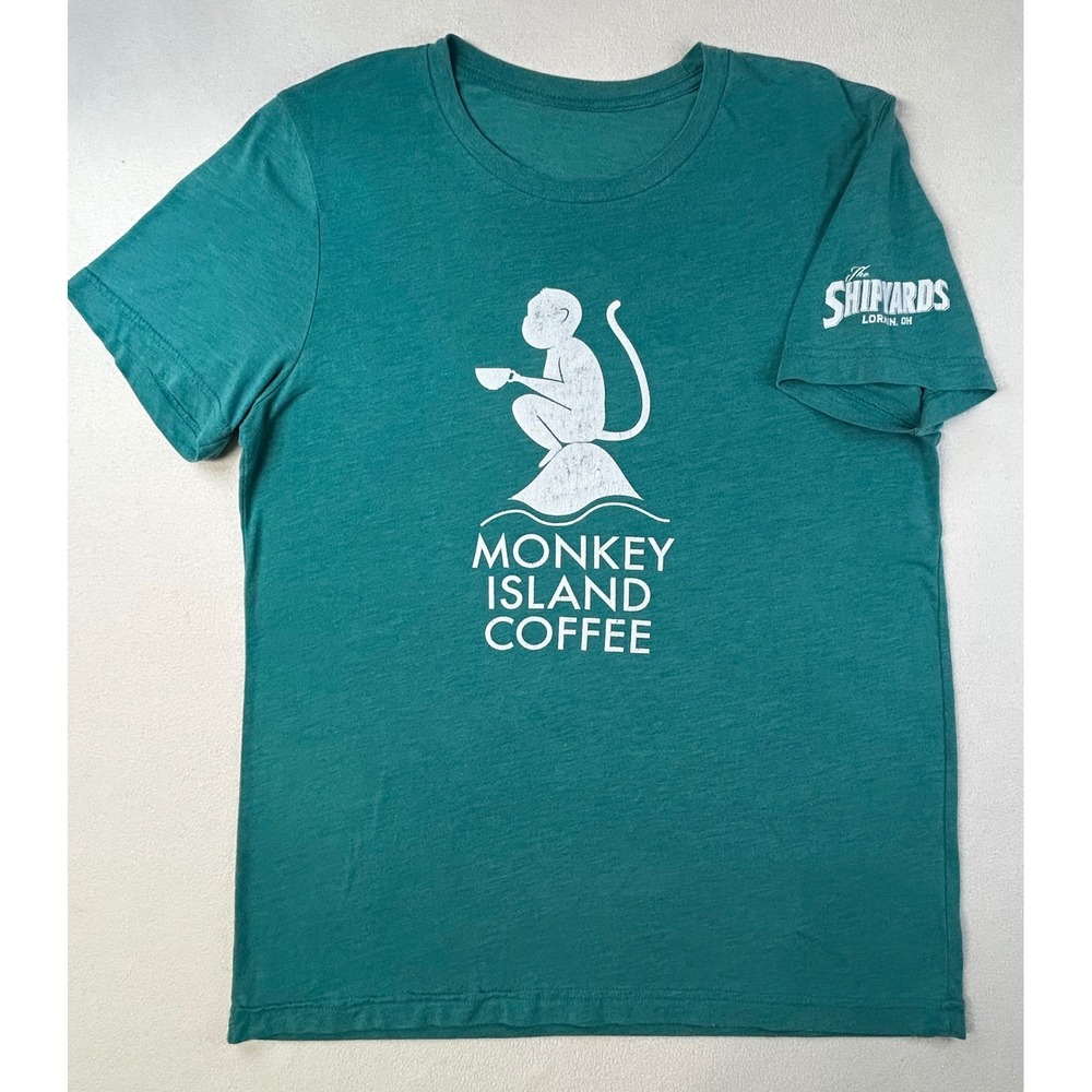 Vintage Monkey Island Coffee-Graphic Tee The Shipyards Lorain OH Teal Green Sml
